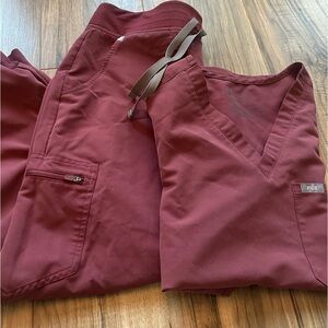 Figs Scrubs Set: Dark Cherry 1 pocket top(S) and joggers bottoms (PM)